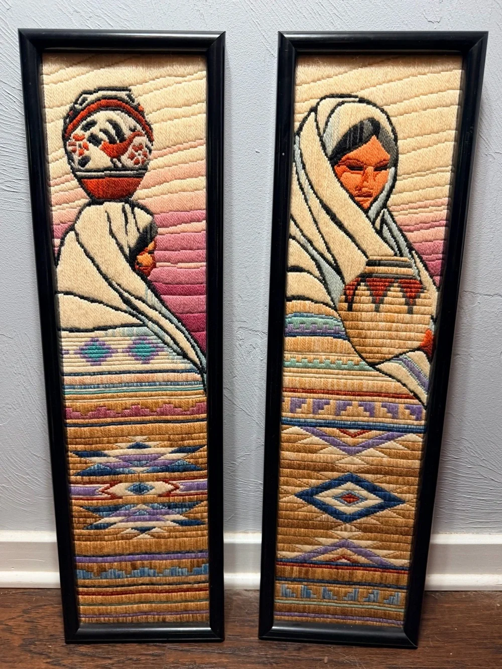 Vintage Handwoven Boho Wall Art Pair in Cream, Gold & Purple - Unbranded